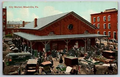 Meadville Pennsylvania~City Market~Main Street~Horse Drawn Wagons~c1910 Pc • $13