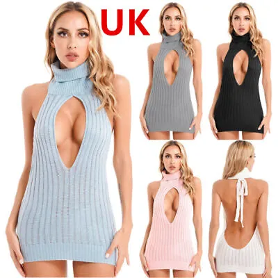 UK Womens Dress Ribbed Halter Sleeveless Sweater High Neck Slim Fit Mini Bodycon • £17.29