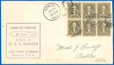 6/23/33 USS MACON ZRS-5 LEAVES AKRON FOR LAKEHURST Magenta Akron CoC #704 Blk4 • $12.74