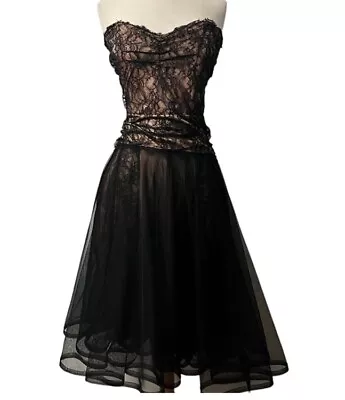 1990’s Vintage Betsey Johnson Party Dress Medium Black Lace Nude Underlayer • $52.99