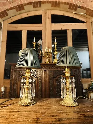 Antique Pair Of Ormolu Brass & Crystal Table Lamps Mantle Lustres • $275.32
