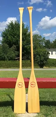 EXCELLENT Pair Vintage WOODEN PADDLES 57  Long + LABELS Oars Boat CANOE L@@K! • $124.99