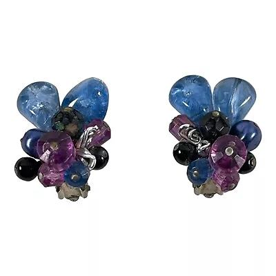 Vintage West Germany Clip On Earrings Lucite Cluster Mid Century MCM Purple Blue • $11.12