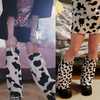 Women Winter Plush Leg Warmers Cow Leopard Print Foot Cover Socks • £10.55
