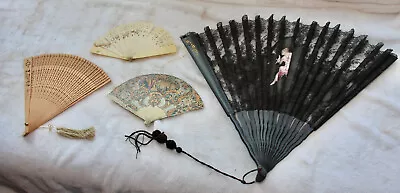 Vintage Collection Of 3 Ladies Fans - The Large Black One Is Victorian Era • $17