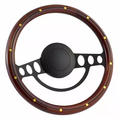 14  Black Steering Wheel With Mahogany Wood Grip And Bronze Rivets - 9 Hole • $159.53