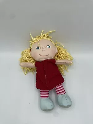 HABA Plush Stuffed Girl Elin Doll Germany Blonde Hair Blue Eyes Red Dress • $19