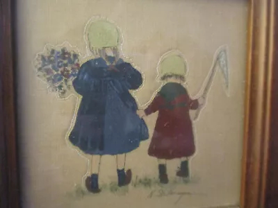 Vintage Silkscreen Girls Bonnets Flowers Butterfly Net! Cloth Miniature Painting • $45