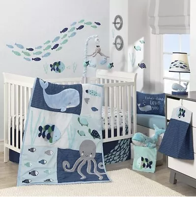 Lambs & Ivy Oceania 6-Piece Crib Bedding Set - Blue Gray White Aquatic • $159