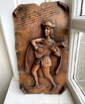 £78 • Buy ANTIQUE CARVED OAK WOODEN PANEL - ELIZABETHAN LUTE PLAYER - 20 X 11 INCHES