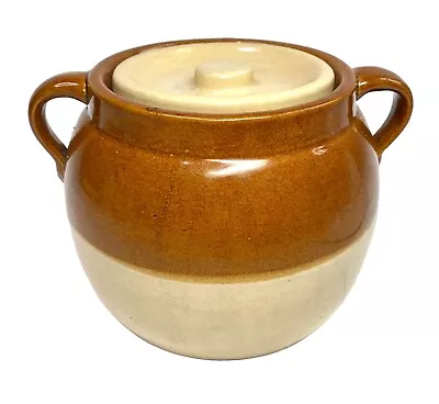 Vintage Tan And Cream Two Tone Bean Pot Pottery Crock With Handles And Lid • $16.80