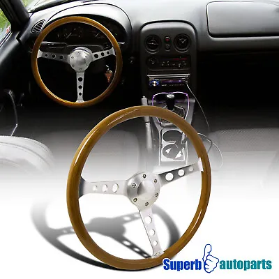 370mm 14.75  Aluminum Spokes 2  Deep Wooden Vintage Style Steering Wheel • $54.88