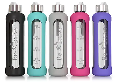 £12.95 • Buy Glass Motivational Water Bottle 1L & 550ml Time Markings Tracker Bpa Free Sleeve