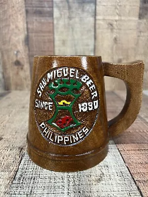 Vintage Hand Carved San Miguel Beer Mug Stein Philippines Wood Wooden 5  Tall • $9.99