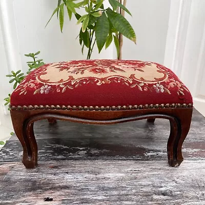 Small Vtg Tapestry Footstool Red Floral Flower Queen Anne Leg Dark Wood • £39.99