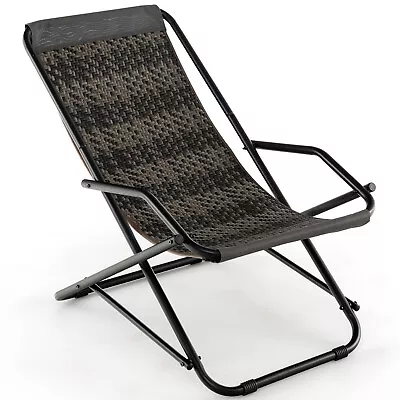 Folding Patio Rattan Sling Chair Rocking Lounge Chaise Armrest Garden Portable • $44.99