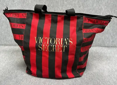 Victorias Secret The Perfect Red Weekender Tote Beach Bag Zipper Black Striped  • $15.11