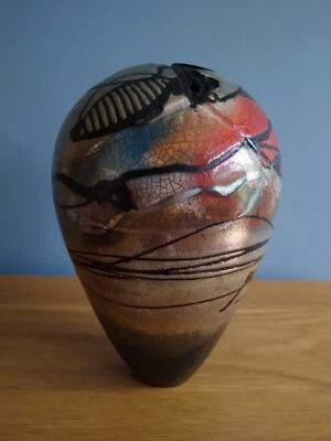 Unusual Ovoid Studio Pottery Raku Vase Metallic Lustre • £45