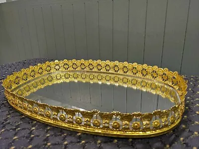 Vintage Oblong Vanity Dresser Mirror Tray 13 X 9 GoldTone Metal Filigree Ornate • $20