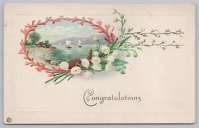 Stecher~527 C~Congratulations~White Flowers~Pink Wrap~Sailboats On Water~Vtg PC • $2.80