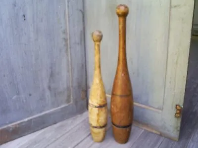 Antique Vintage Juggling Exercise Circus Game Wood Pins Clubs 19  & 16  • $115