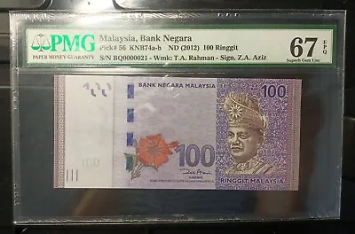 Malaysia Banknote Rm100 Pmg67epq Low Number Bq0000021 Zeti Gabenor • $118