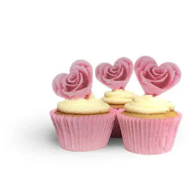 20 Precut Pink Rose Heart Shaped Edible Wafer Paper Cake Toppers- Valentines Day • £2.49