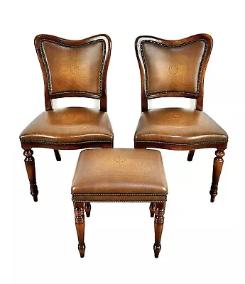 Theodore Alexander Tooled Leather Mahogany Chairs W/ Nailheads & Footstool • $1595