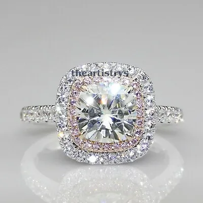 Moissanite Double Halo Engagement Ring Cushion Cut Solid 14K White Gold 3 CT • $239.94