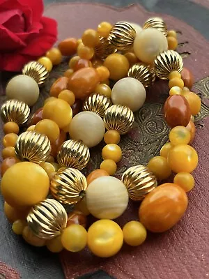 VTG Gold Tone Natural Orange Baltic Butterscotch Amber MOP Bead Necklace 33” 73g • $199.90