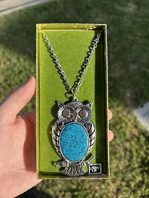 Vintage Owl Pendant Necklace Faux  Turquoise Large Heavy  • $0.99