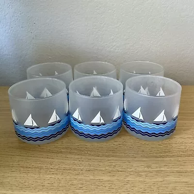 Vintage Frosted Glass Tumbler Rocks Whiskey Set Of 6 Sailboats Nautical Coastal • $45