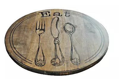 Mud Pie 16  Turntable Wood Bistro Lazy Susan EAT Corrugated Metal Trim • $34.95