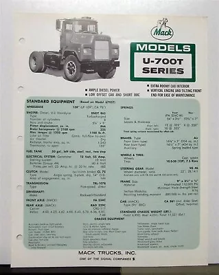 1972 Mack Truck Model U 700T Specification Sheet • $14.28