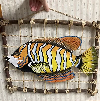 Tropical Hand Painted 3D Fish Hanging Wall Art Nautical Decor Twine And Wood • $18