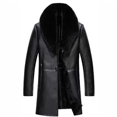 Men Faux Fur Collar Coat Business PU Leather Jacket Winter Fleeced Warm Overcoat • $67.33