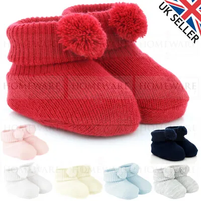 £2.75 • Buy Baby Knitted Booties Pom Pom New Born Soft Spanish Style Baby Blue Pink White Uk