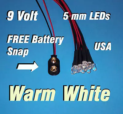 10 X LED -5mm PRE WIRED LEDS 9 VOLT WARM WHITE 9V USA   • $5.99