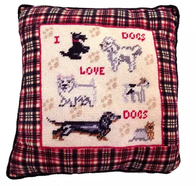 I Love Dogs Dog Breed Needlepoint Pillow Plaid Corduroy Back 12  X 12   Sweet! • $55