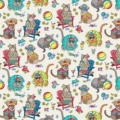 Feline Drive Fabric BEACH CATS Allover Cream Fat Quarter (18  X 22 ) FQ • $3.65