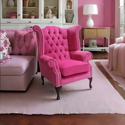 FAST DELIVERY Queen Anne Chesterfield Fabric Pink Pimlico Velvet High Back Chair • £449.99