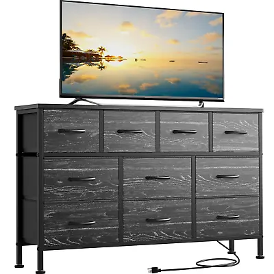 10 Drawer Dresser 43  TV Stand With Power Outlet Chest Of Drawers Storage Black • $89.99