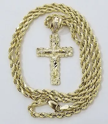 Real 10k Gold Rope Chain Necklace Jesus Cross Charm Pendant Set 16-28  Inch 3mm  • $434.13