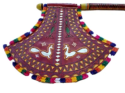 Hand Fan India Vintage Axe Head Leather Kutch Gujarat Peacocks ~ • $92.49