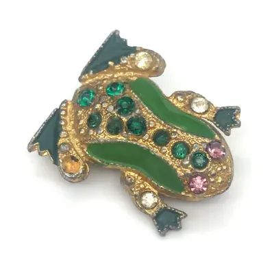 Vintage Antique Frog Brooch Green Enamel Gold Tone Pink Green Stones • $16.95