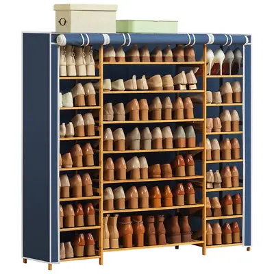 $84.99 • Buy Six Tier Oxford Cloth Covered Tower Bamboo Wooden Shoe Rack Boot Shelf Stand Sto