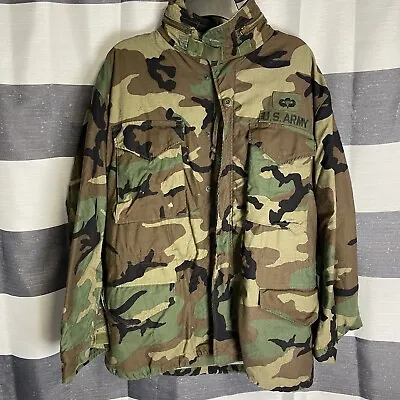 US Military Medium Regular M65 Woodland Camo Field Jacket Coat With Hood Patches • $27