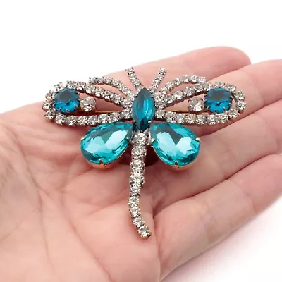 Vintage Czech Handmade Glass Rhinestone Dragonfly Pin Brooch Blue Clear • $36