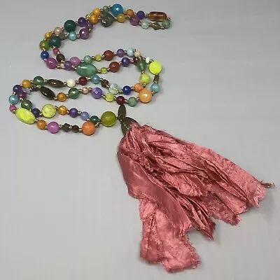 £19.77 • Buy Boho Stone Tassel Necklace Multicolor Gemstone & Acrylic Beads Pink Fabric 42 
