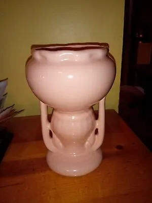 Vintage Mid Century Modern Art Pottery Pink Handle Vase Urn 7 1/2  • $18